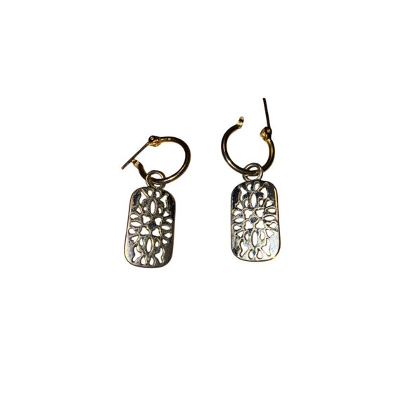 Vintage Gold & Silver Rectangular Dangle Earrings With Filigree Design - Picture 6 of 6